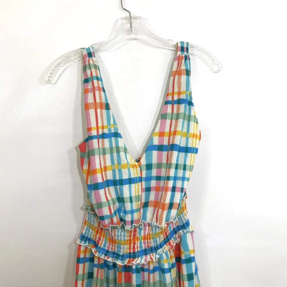 Cato Casual V-Neck Smocked Midi Dress Multi-Color Check Print S - Picture 3 of 10